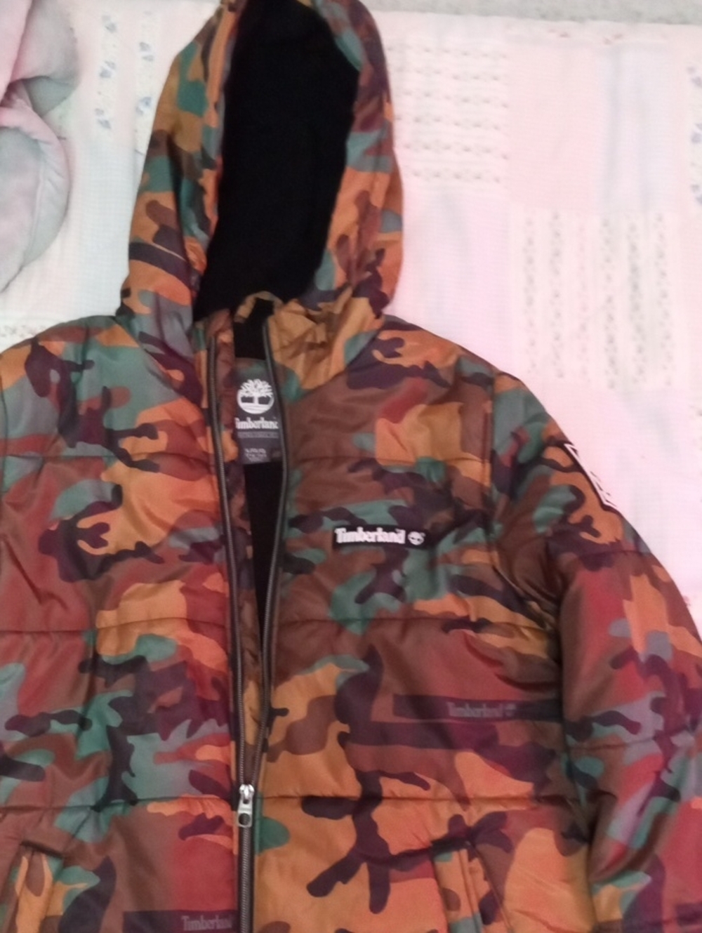 Timberland Kids' Camouflage Hooded Puffer Jacket in Green and Brown